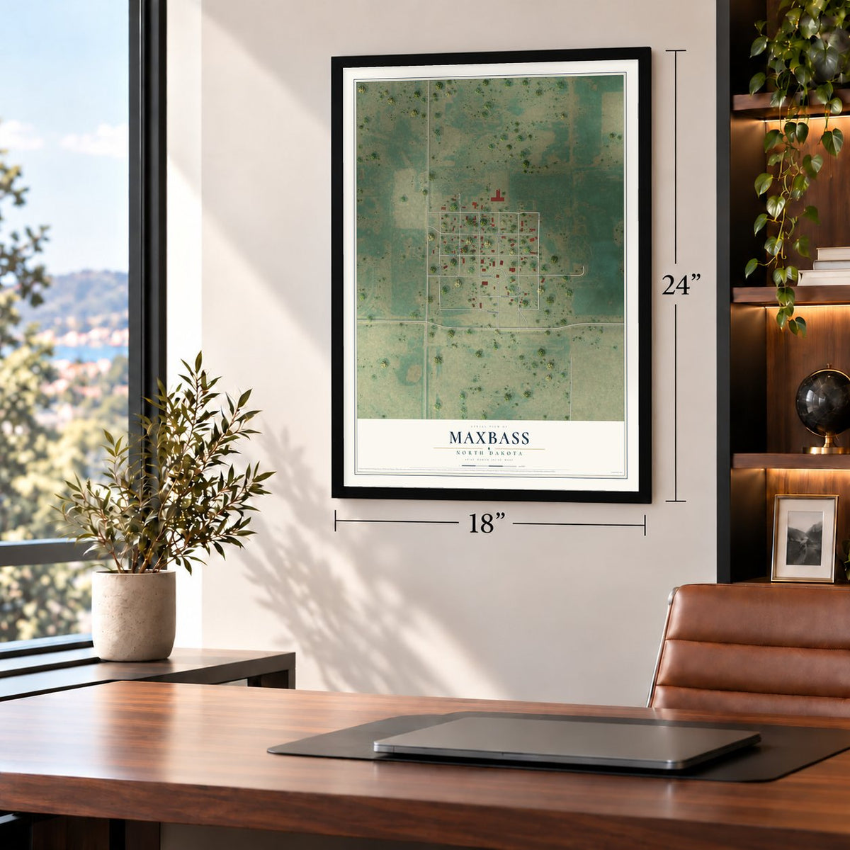 Maxbass, North Dakota map, 18 x 24 inch print in a black frame in a home office