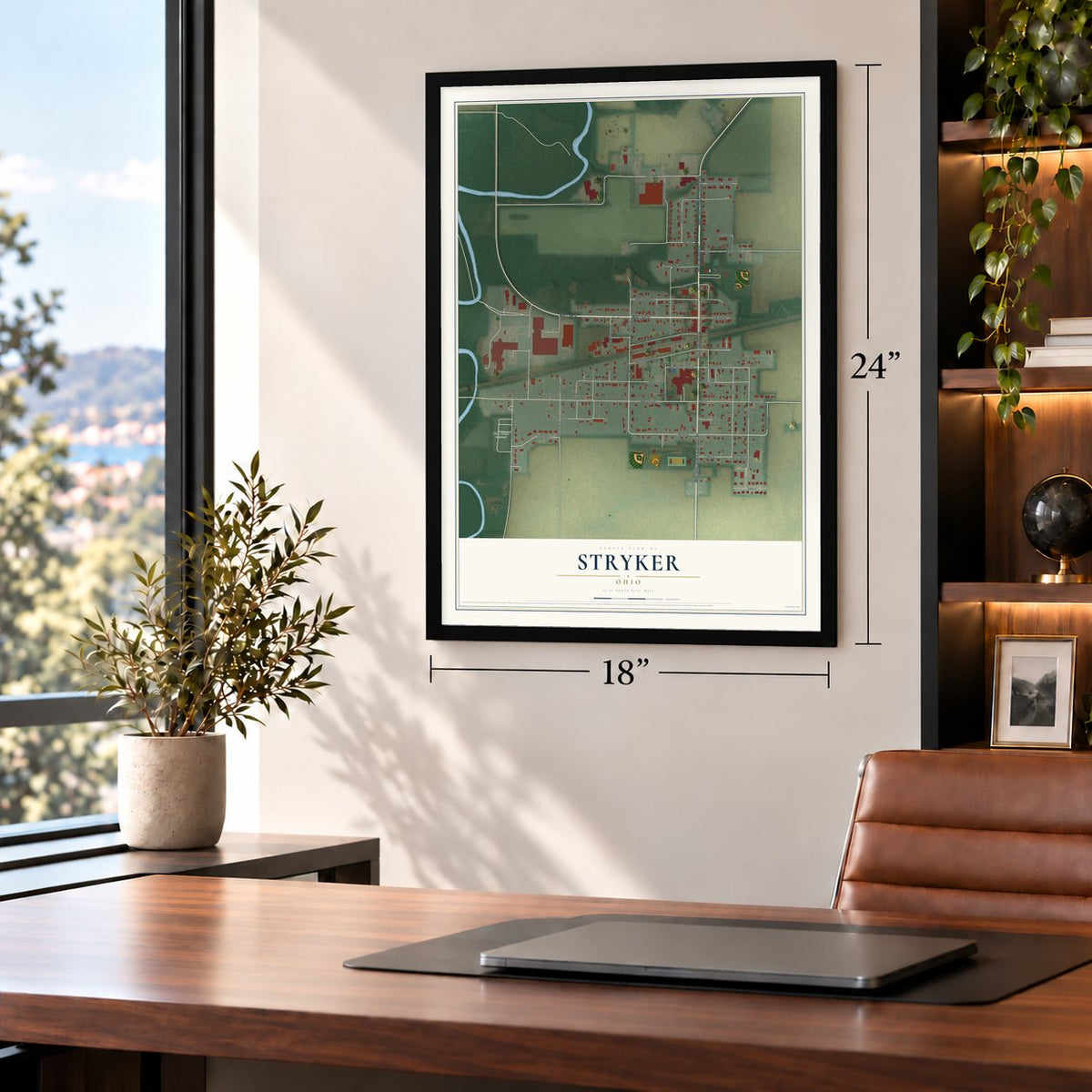 Stryker, Ohio map, 18 x 24 inch print in a black frame in a home office