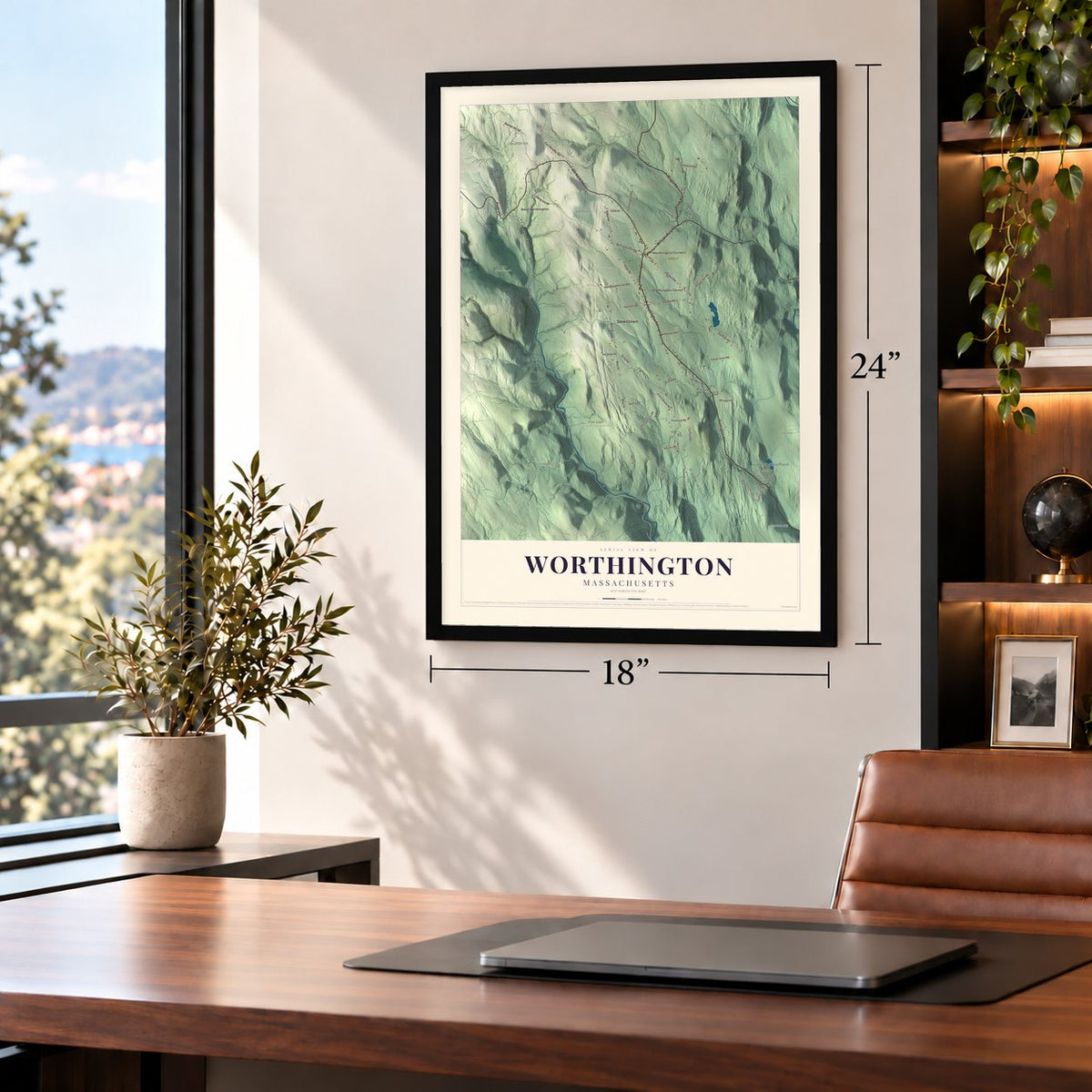 Worthington, Massachusetts map, 18 x 24 inch print in a black frame in a home office