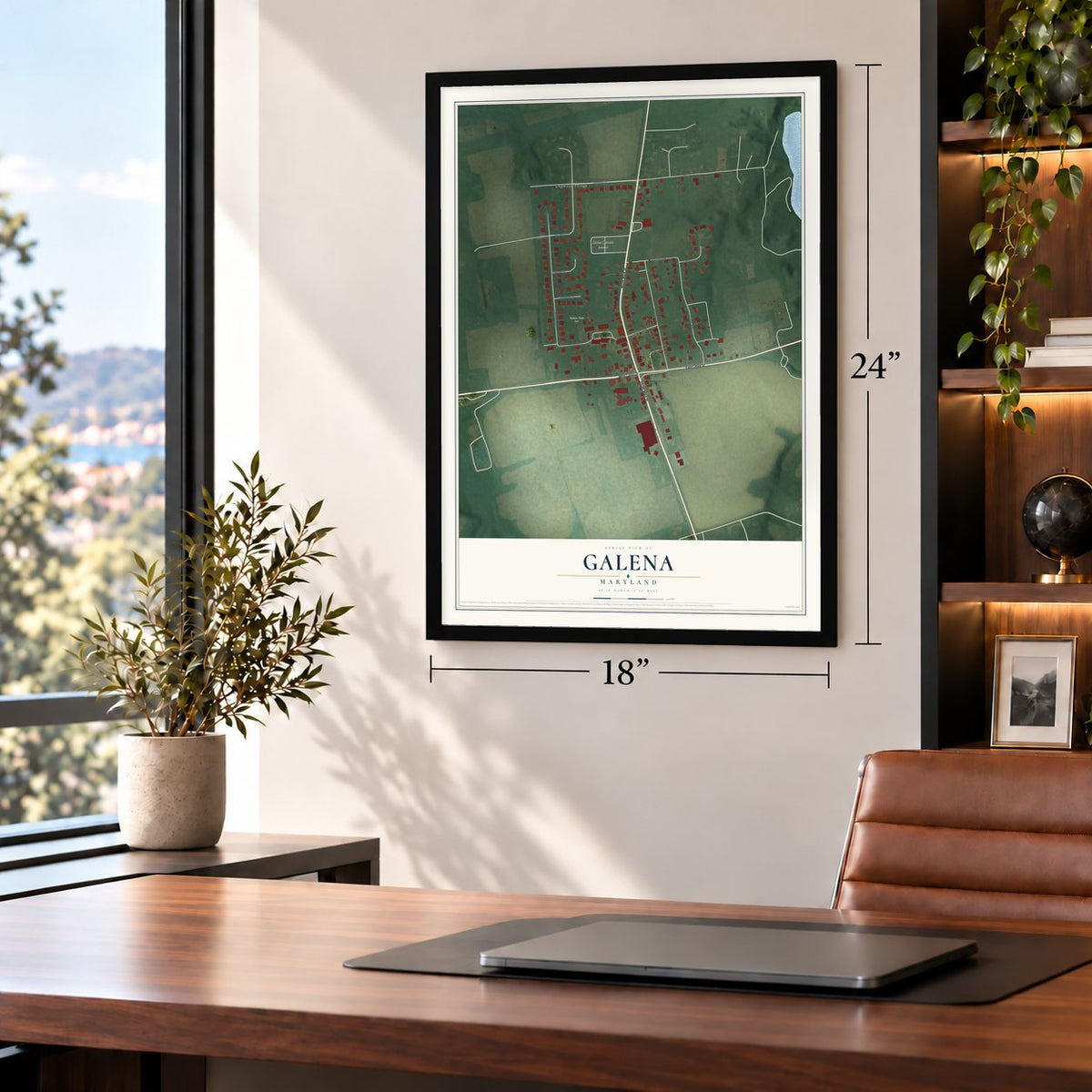 Galena, Maryland map, 18 x 24 inch print in a black frame in a home office