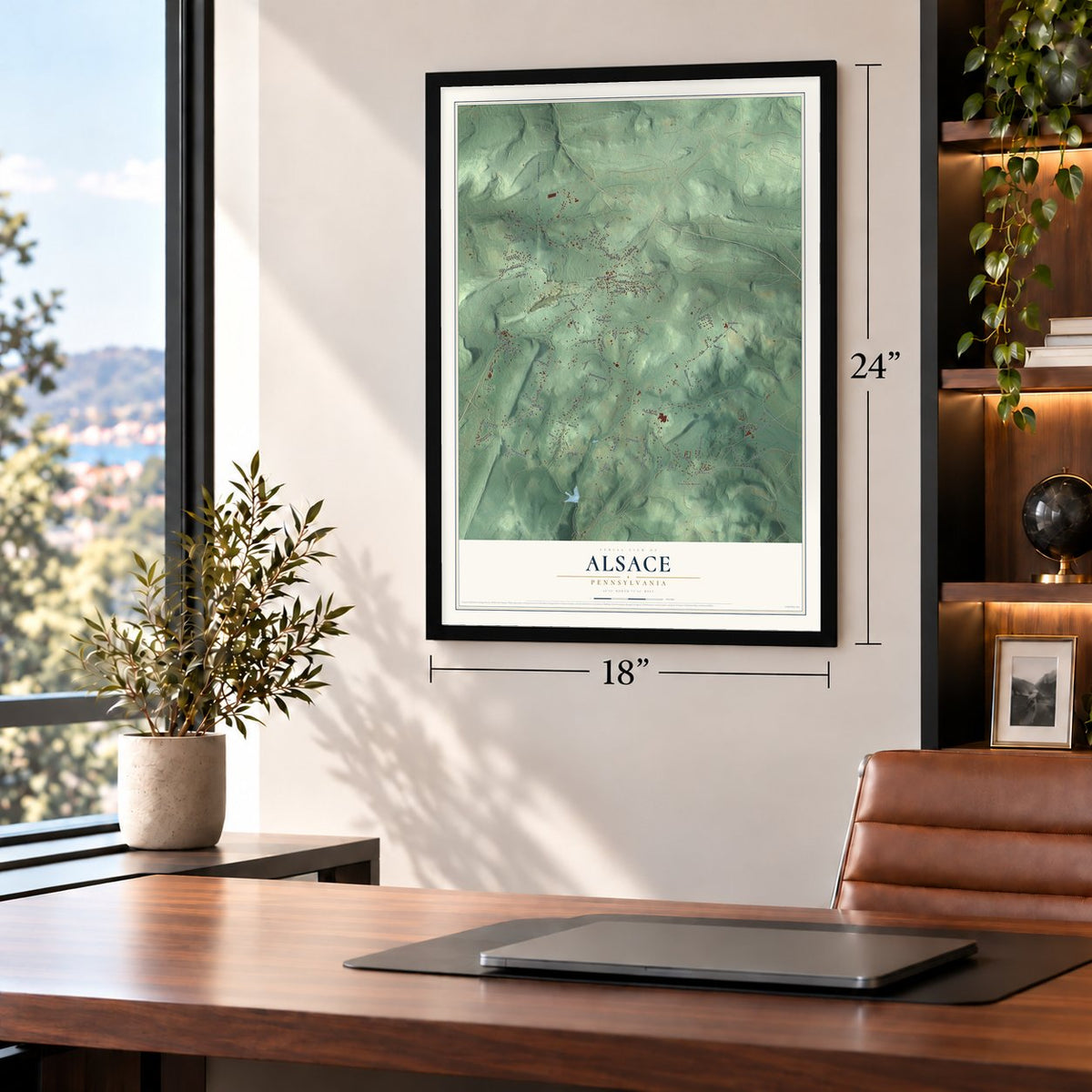 Alsace, Pennsylvania map, 18 x 24 inch print in a black frame in a home office