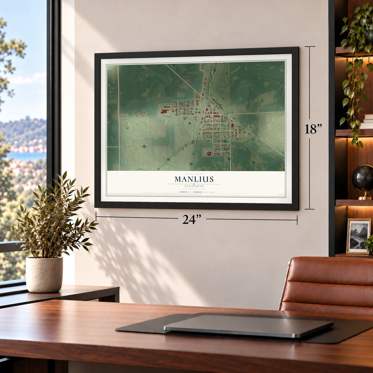 Manlius, Illinois map, 18 x 24 inch print in a black frame in a home office