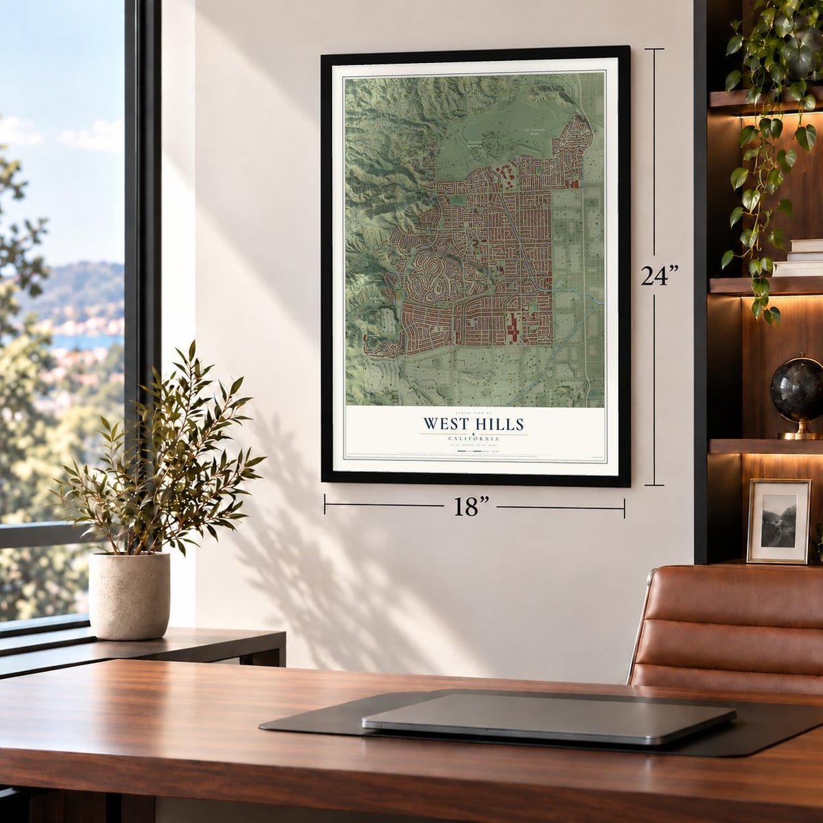 West Hills, California map, 18 x 24 inch print in a black frame in a home office