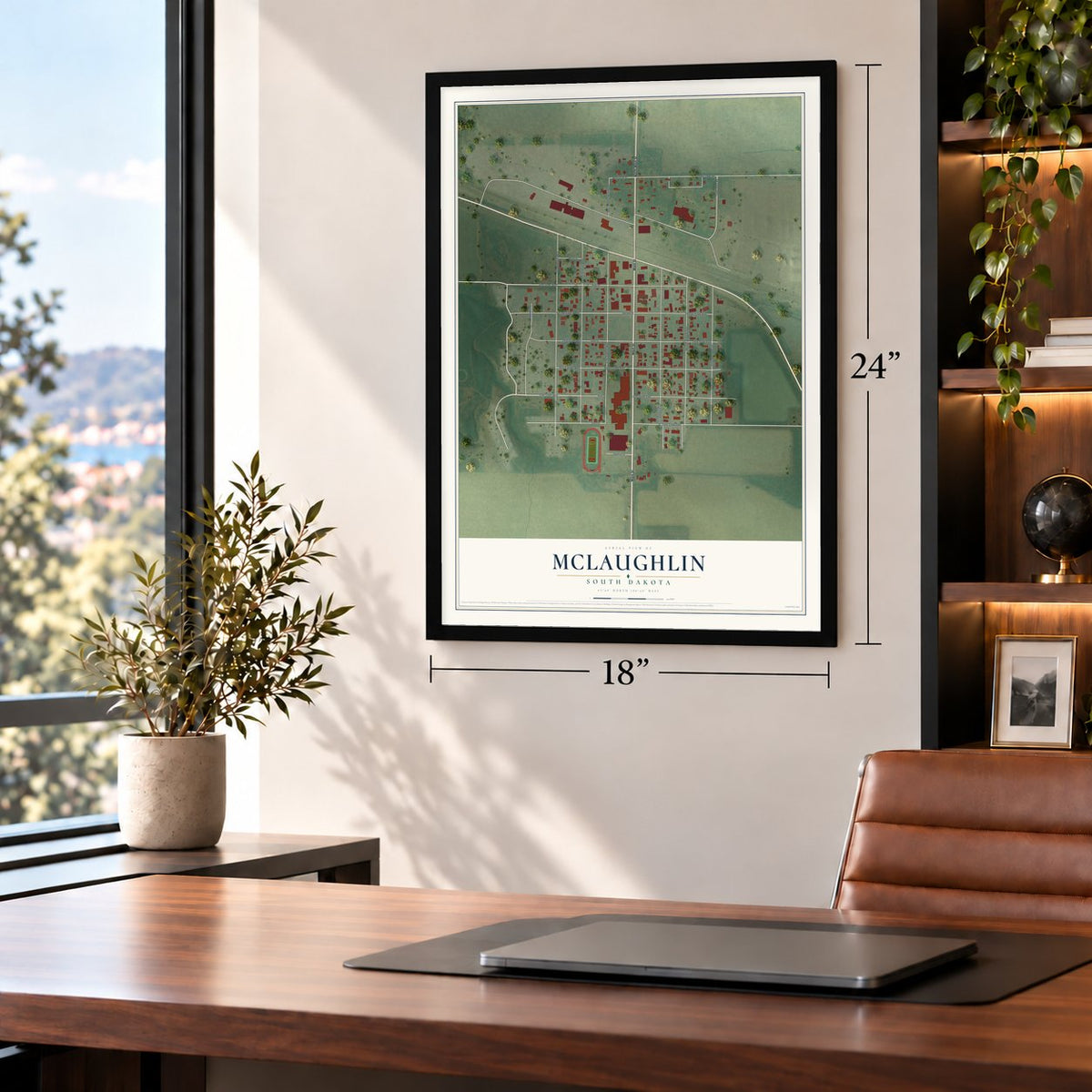 McLaughlin, South Dakota map, 18 x 24 inch print in a black frame in a home office