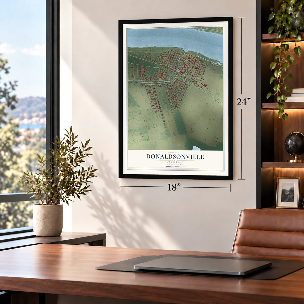 Donaldsonville, Louisiana map, 18 x 24 inch print in a black frame in a home office