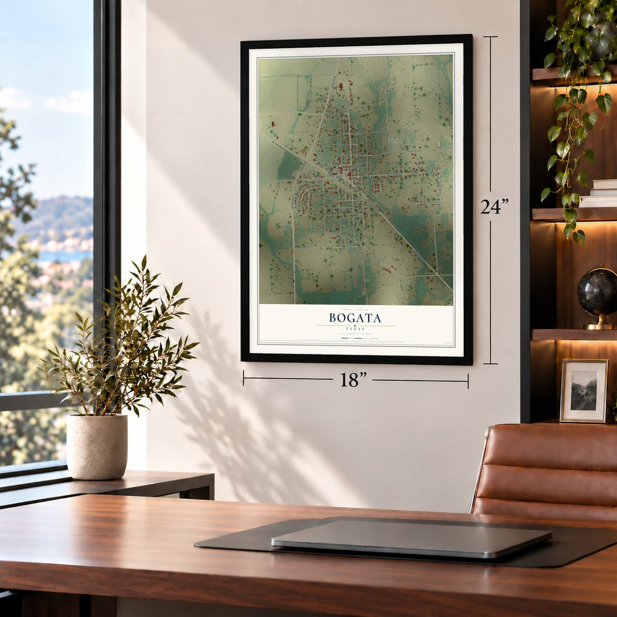 Bogata, Texas map, 18 x 24 inch print in a black frame in a home office
