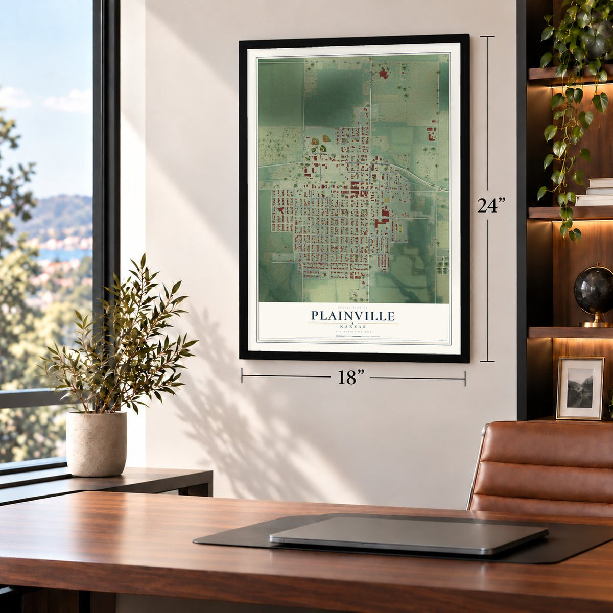 Plainville, Kansas map, 18 x 24 inch print in a black frame in a home office