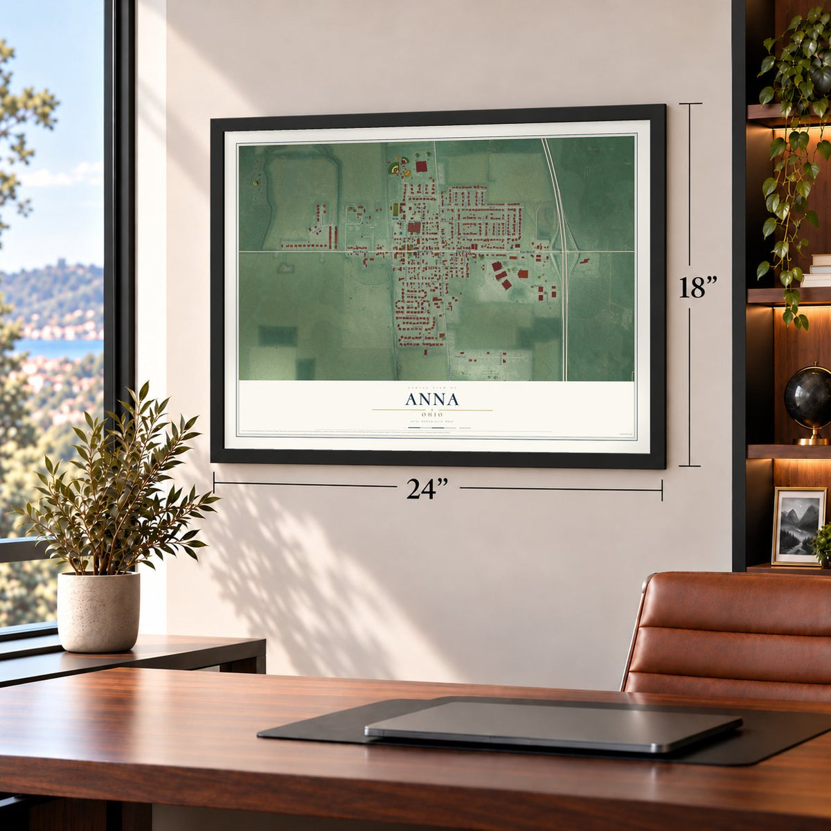 Anna, Ohio map, 18 x 24 inch print in a black frame in a home office