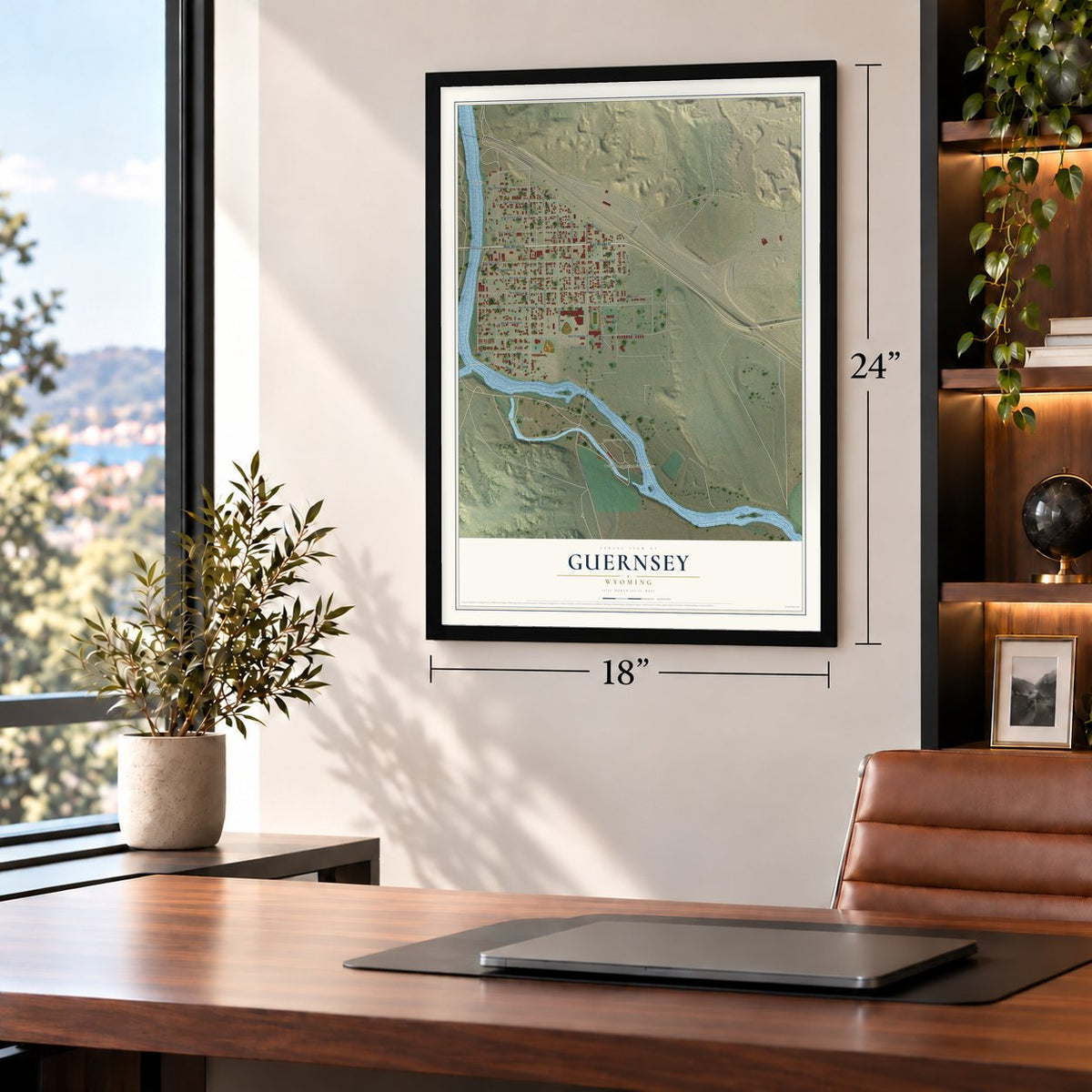 Guernsey, Wyoming map, 18 x 24 inch print in a black frame in a home office