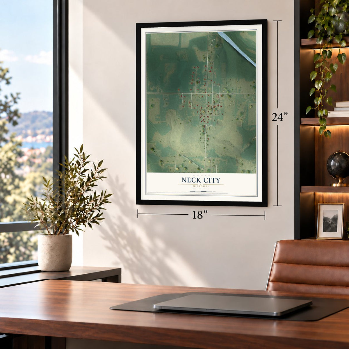 Neck City, Missouri map, 18 x 24 inch print in a black frame in a home office