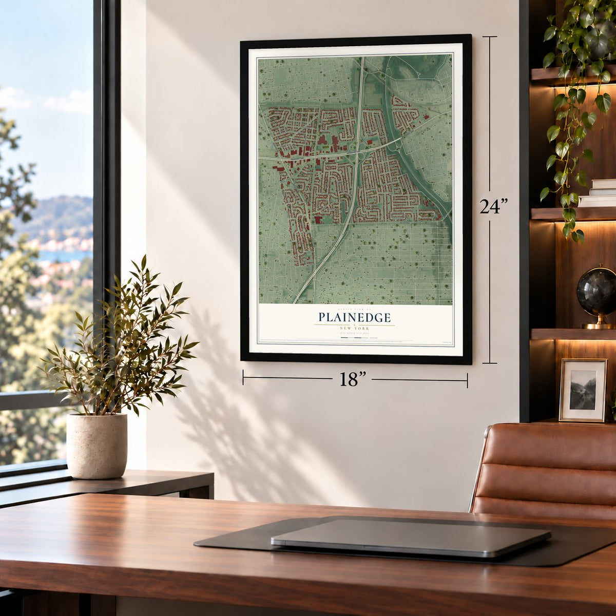 Plainedge, New York map, 18 x 24 inch print in a black frame in a home office