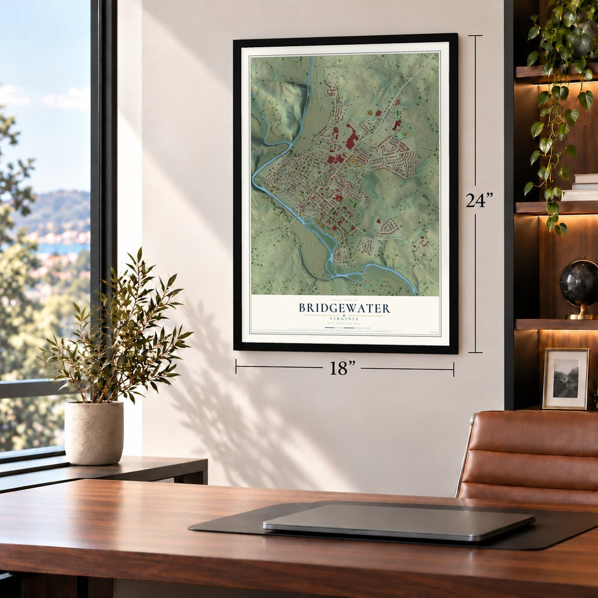 Bridgewater, Virginia map, 18 x 24 inch print in a black frame in a home office