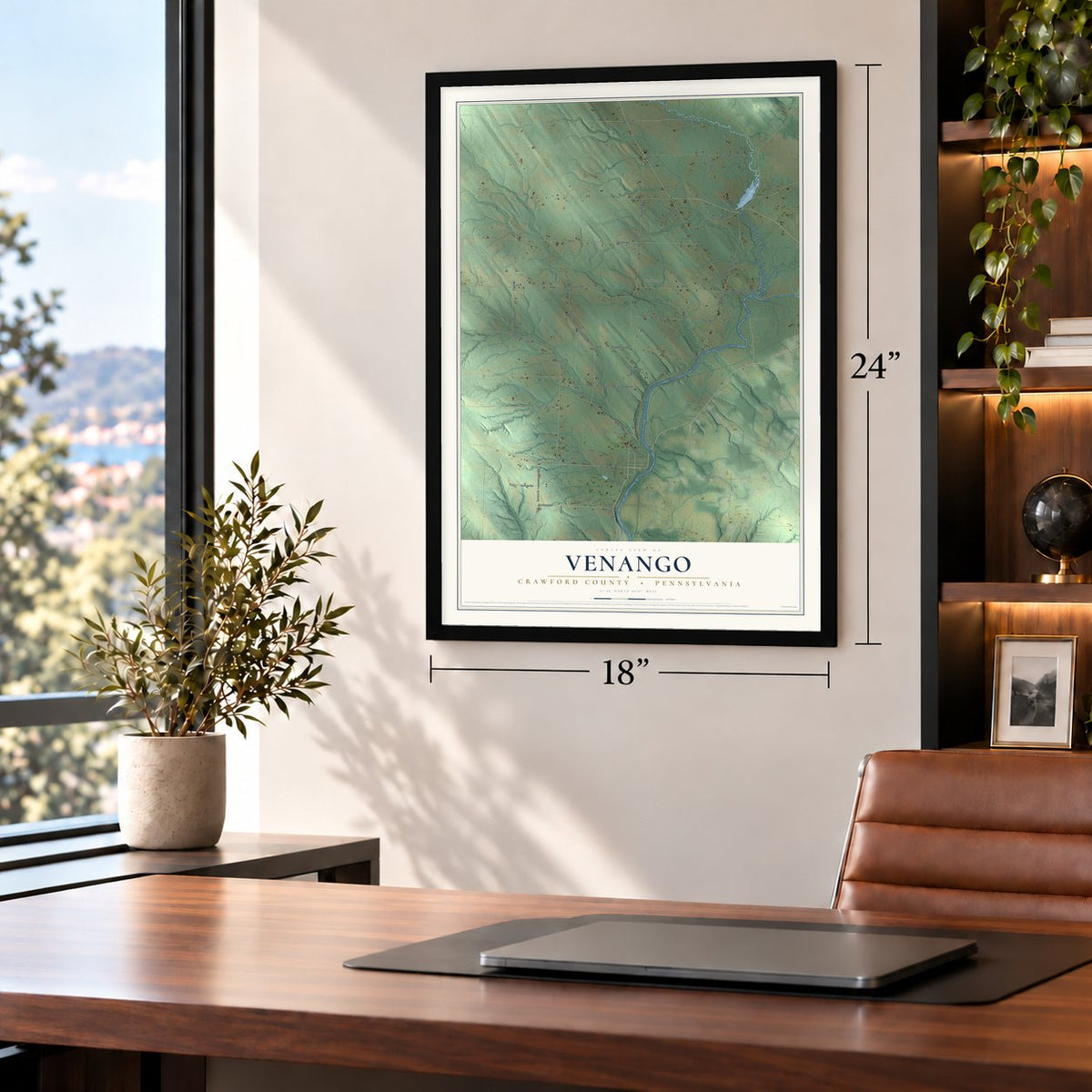 Venango, Crawford County, Pennsylvania map, 18 x 24 inch print in a black frame in a home office