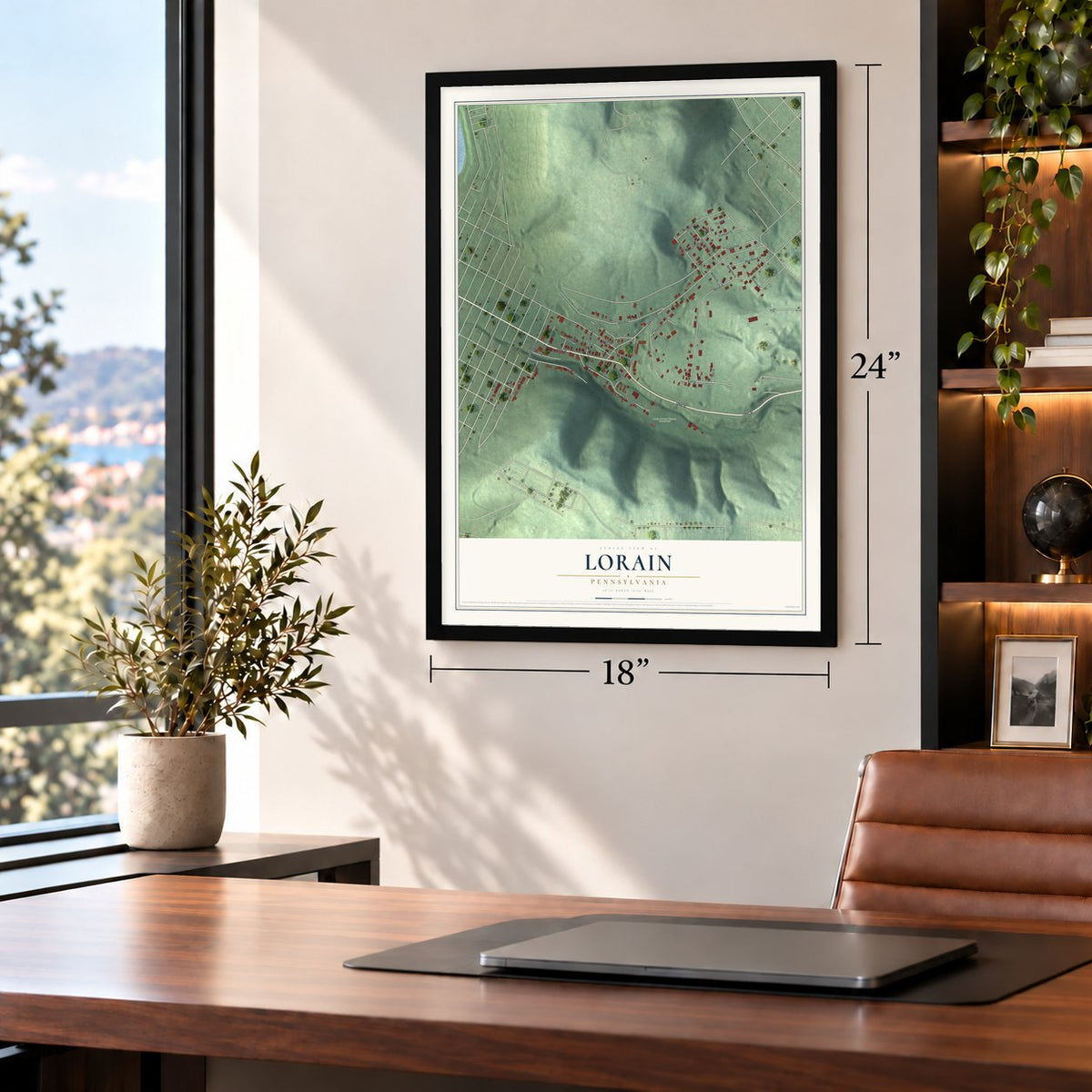 Lorain, Pennsylvania map, 18 x 24 inch print in a black frame in a home office