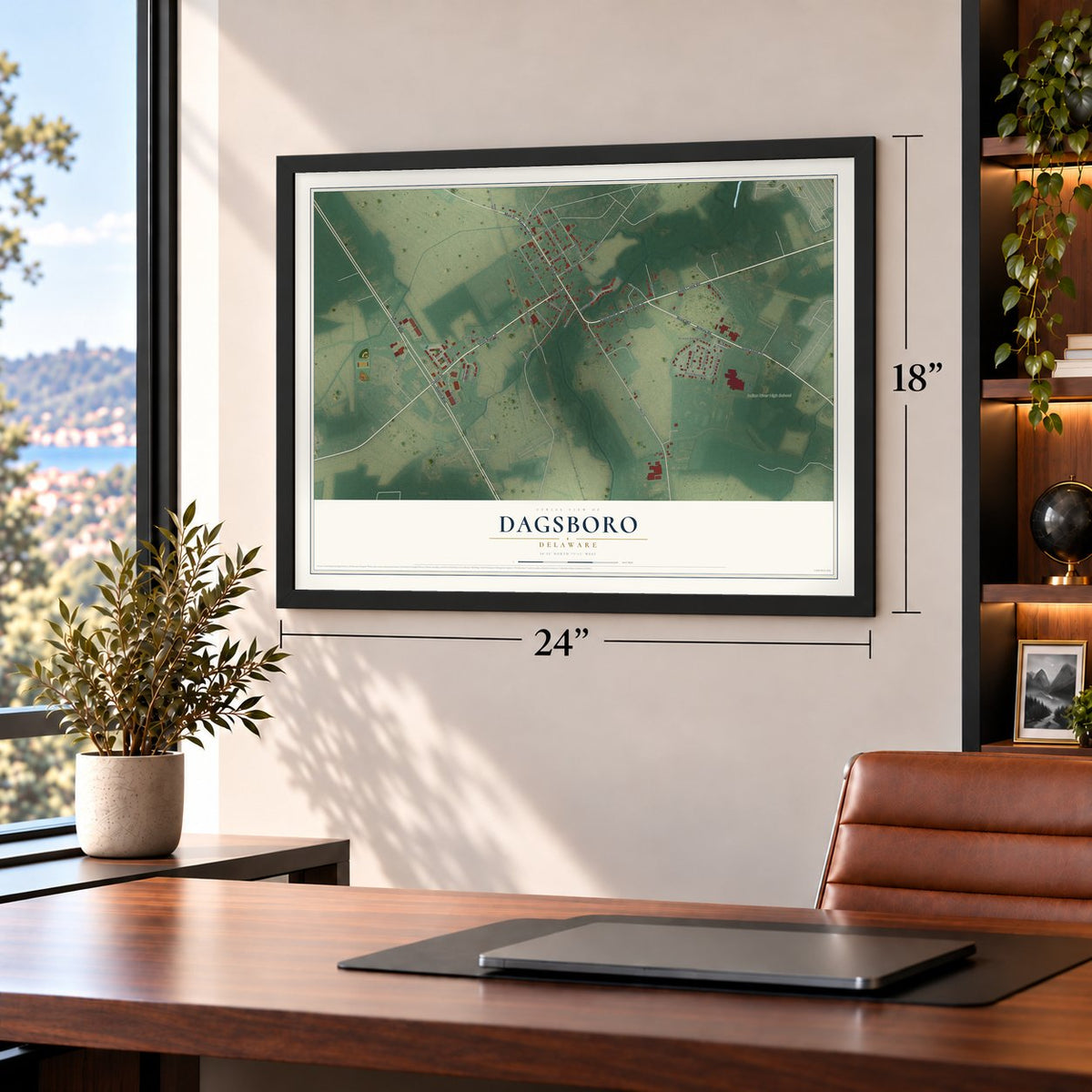 Dagsboro, Delaware map, 18 x 24 inch print in a black frame in a home office