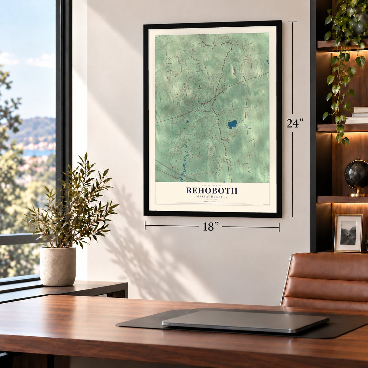 Rehoboth, Massachusetts map, 18 x 24 inch print in a black frame in a home office