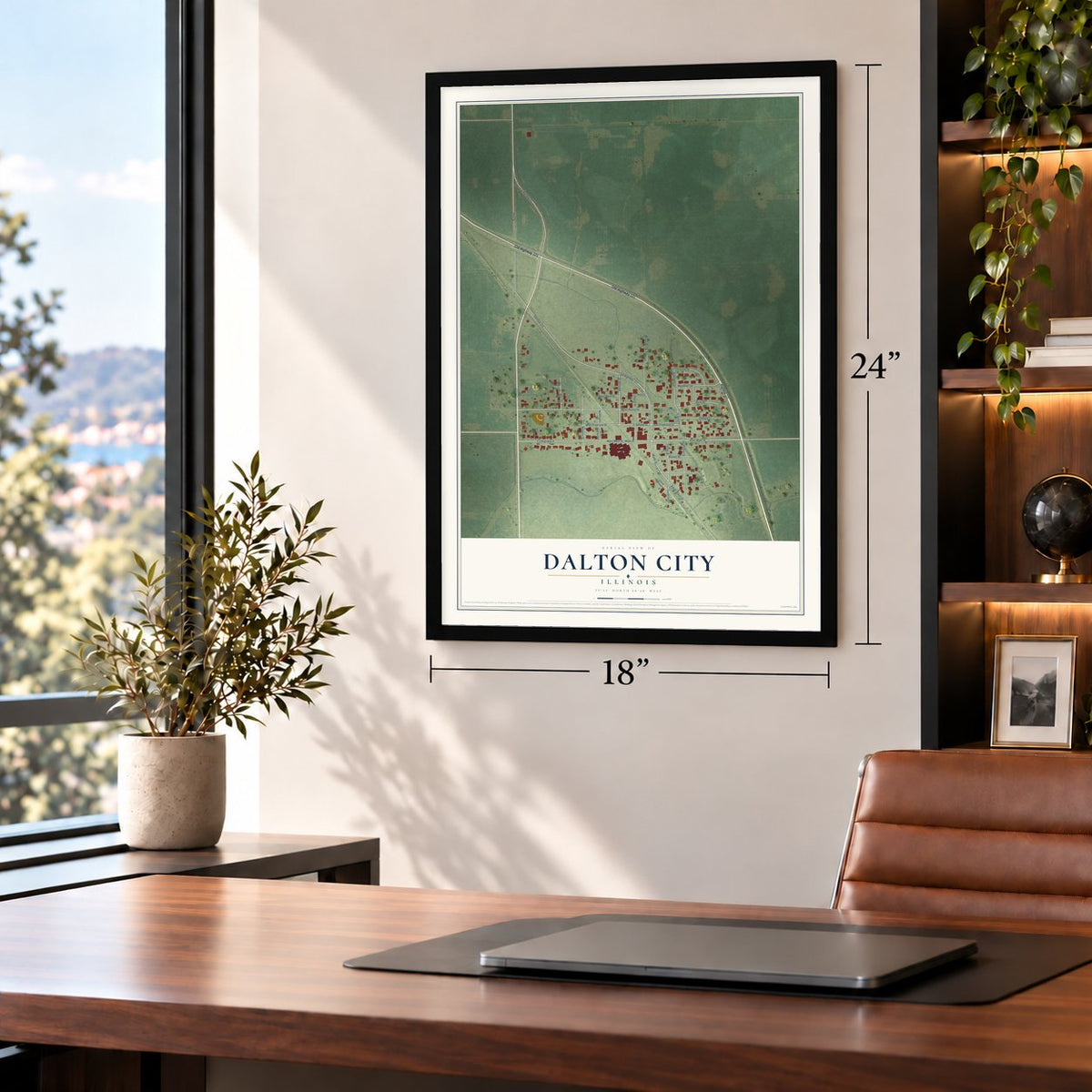 Dalton City, Illinois map, 18 x 24 inch print in a black frame in a home office