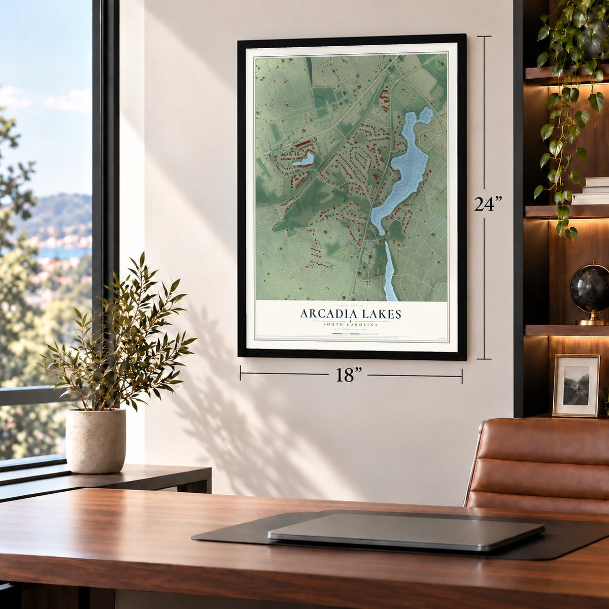 Arcadia Lakes, South Carolina map, 18 x 24 inch print in a black frame in a home office