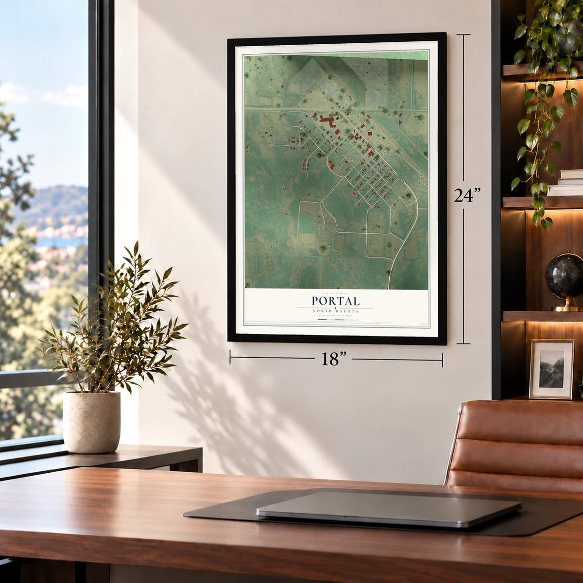 Portal, North Dakota map, 18 x 24 inch print in a black frame in a home office