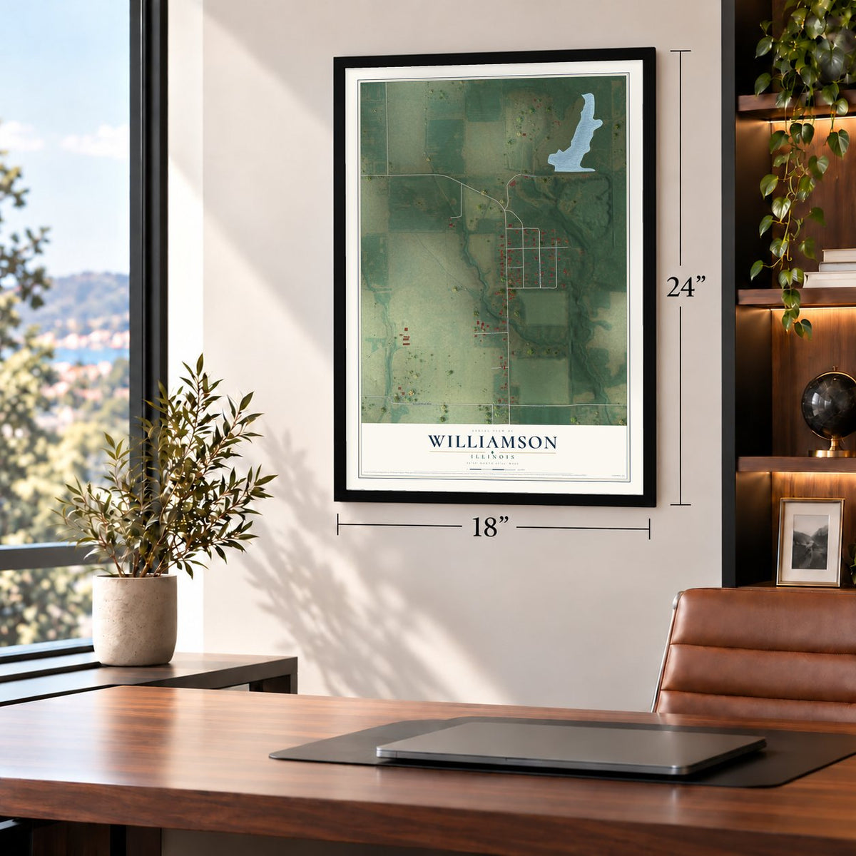 Williamson, Illinois map, 18 x 24 inch print in a black frame in a home office
