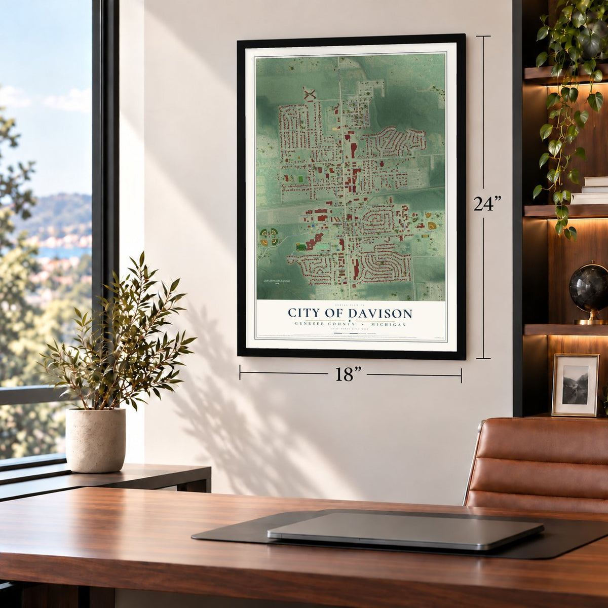 Davison, Michigan map, 18 x 24 inch print in a black frame in a home office