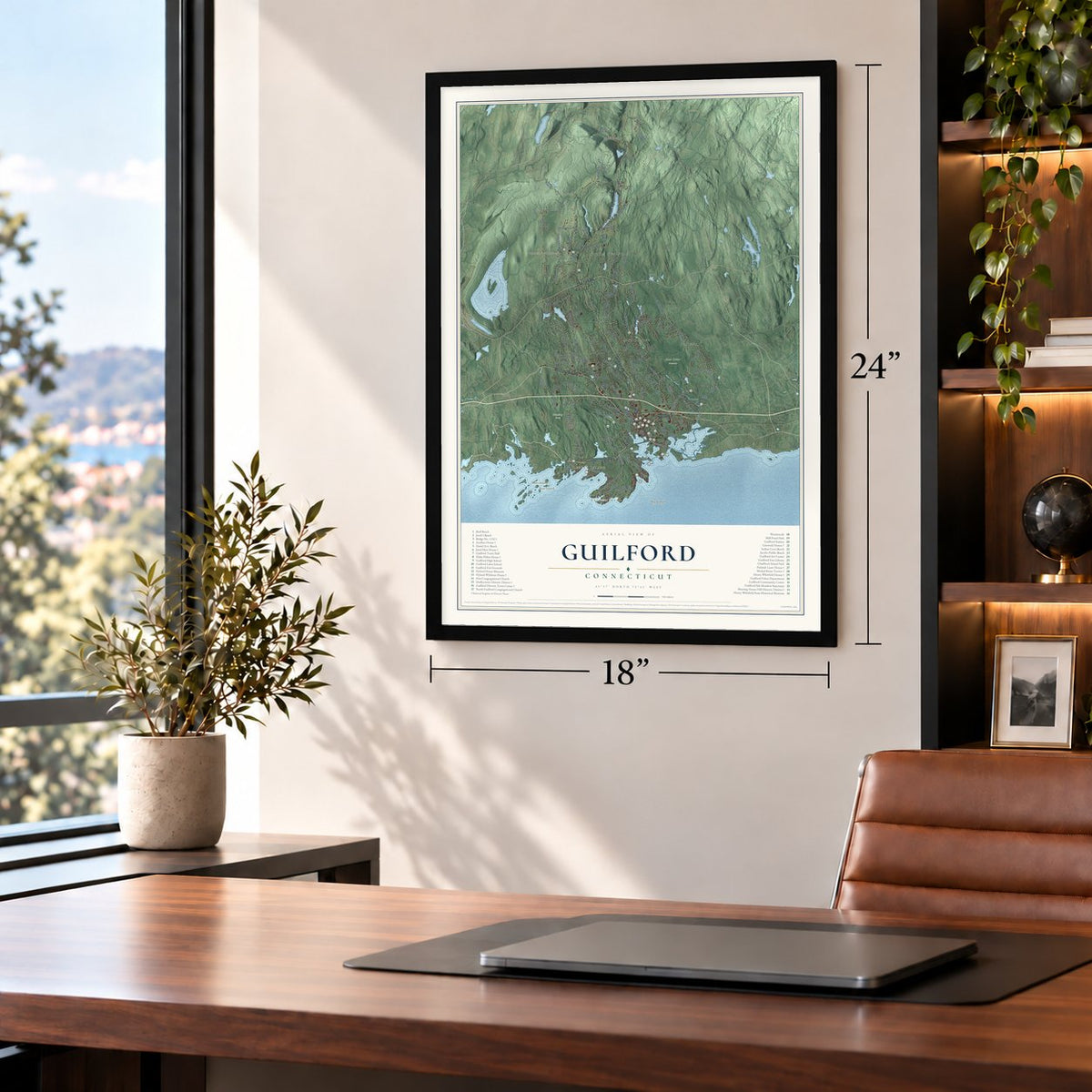Guilford, Connecticut map, 18 x 24 inch print in a black frame in a home office