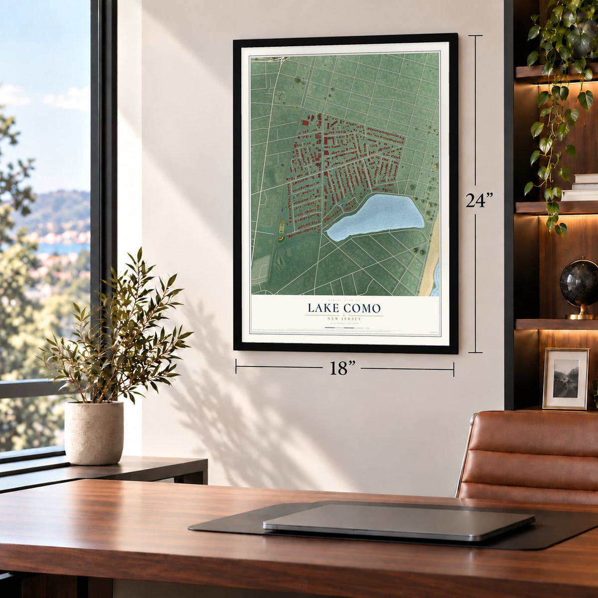 Lake Como, New Jersey map, 18 x 24 inch print in a black frame in a home office