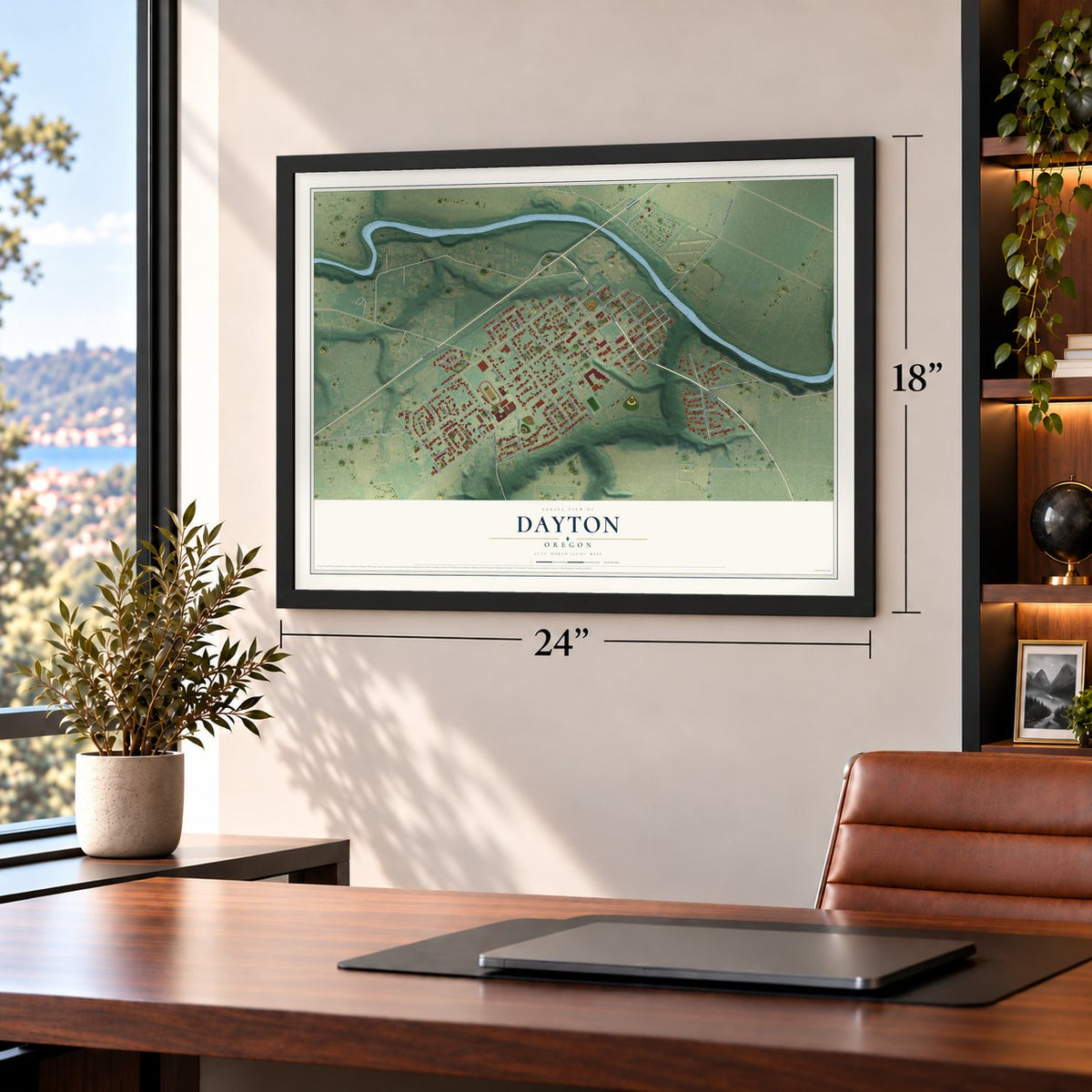 Dayton, Oregon map, 18 x 24 inch print in a black frame in a home office