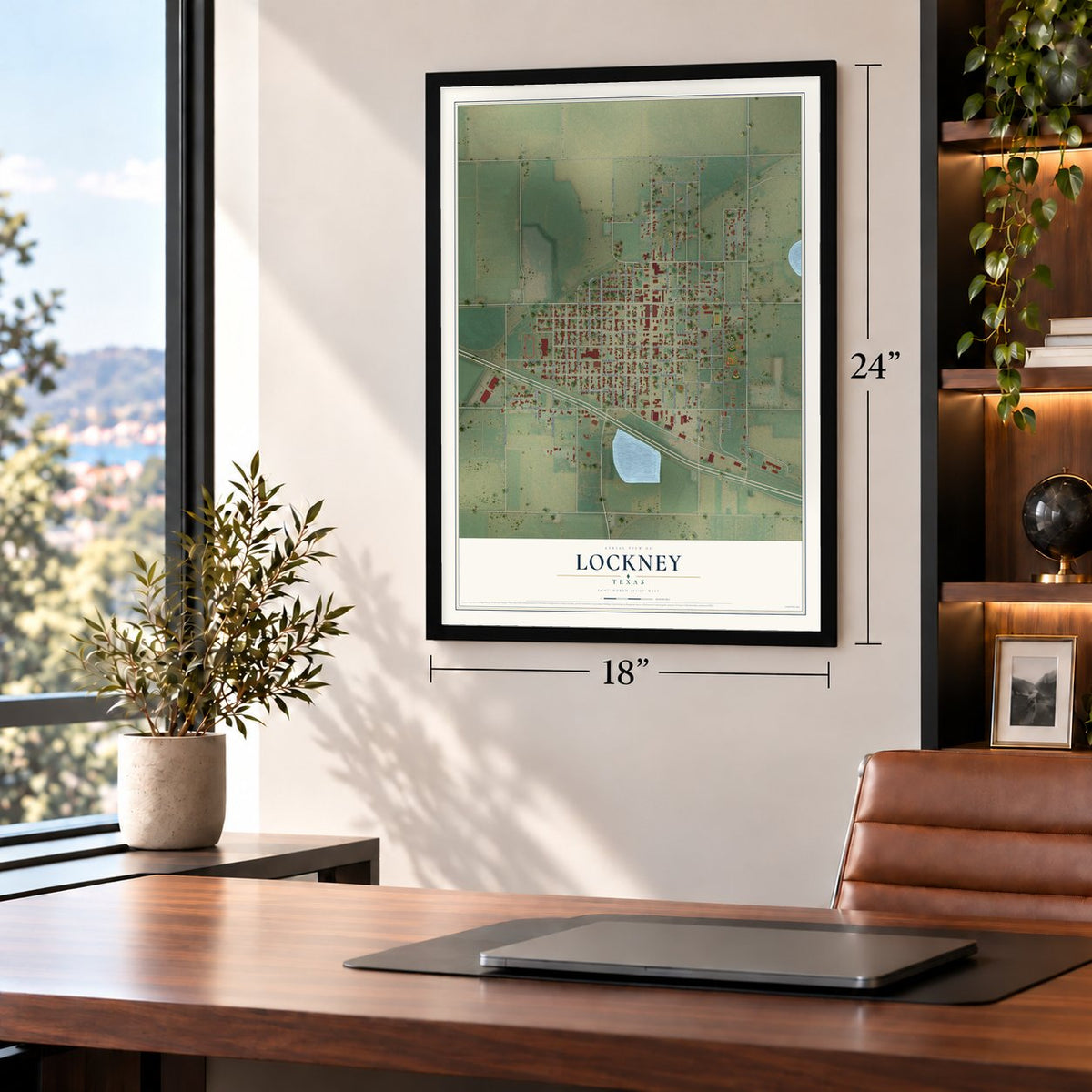 Lockney, Texas map, 18 x 24 inch print in a black frame in a home office