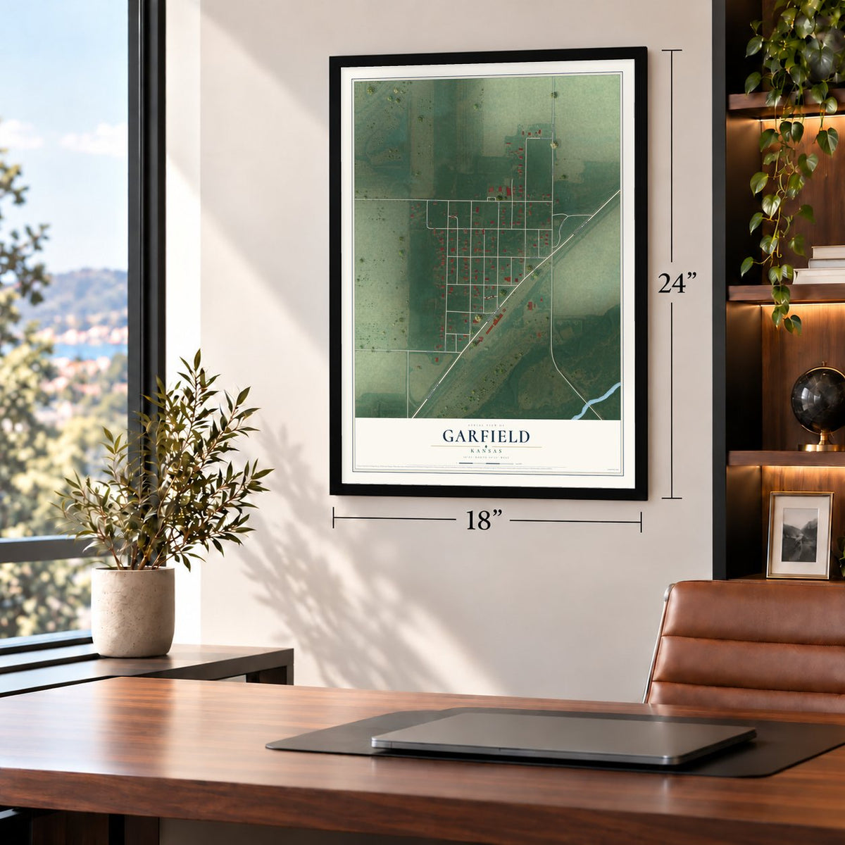 Garfield, Kansas map, 18 x 24 inch print in a black frame in a home office