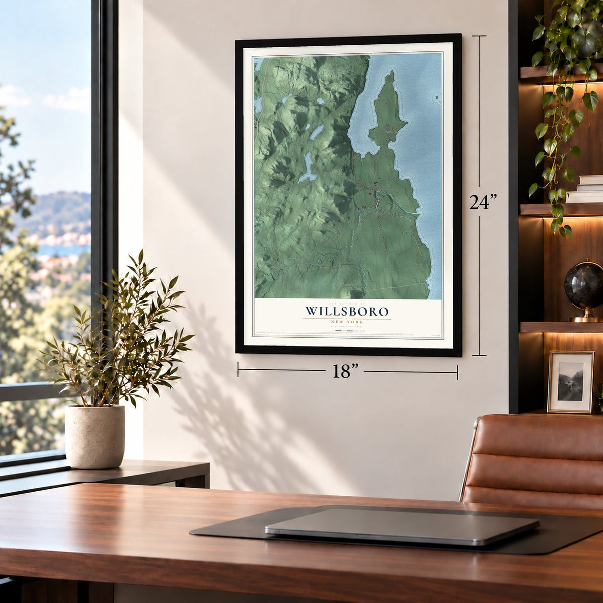 Willsboro, New York map, 18 x 24 inch print in a black frame in a home office
