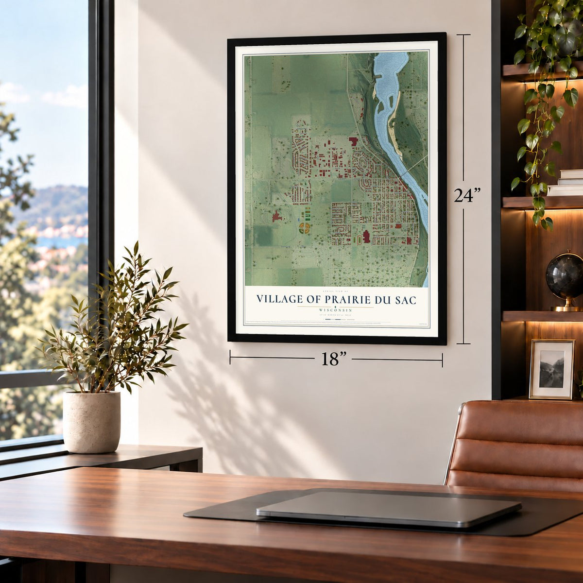 Prairie du Sac, Wisconsin map, 18 x 24 inch print in a black frame in a home office