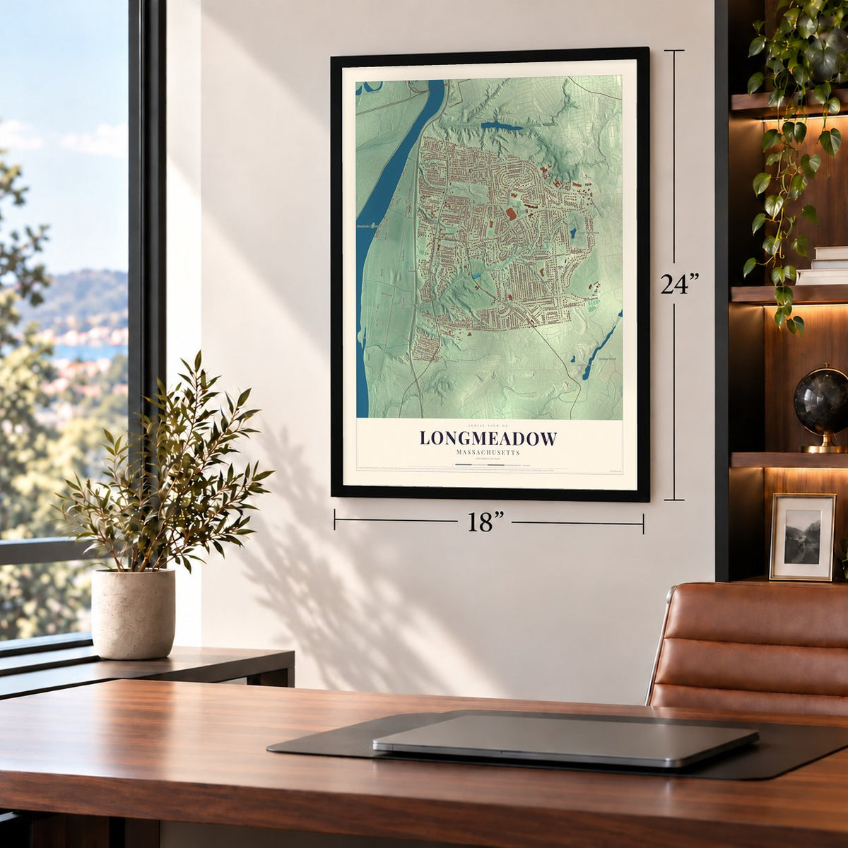 Longmeadow, Massachusetts map, 18 x 24 inch print in a black frame in a home office