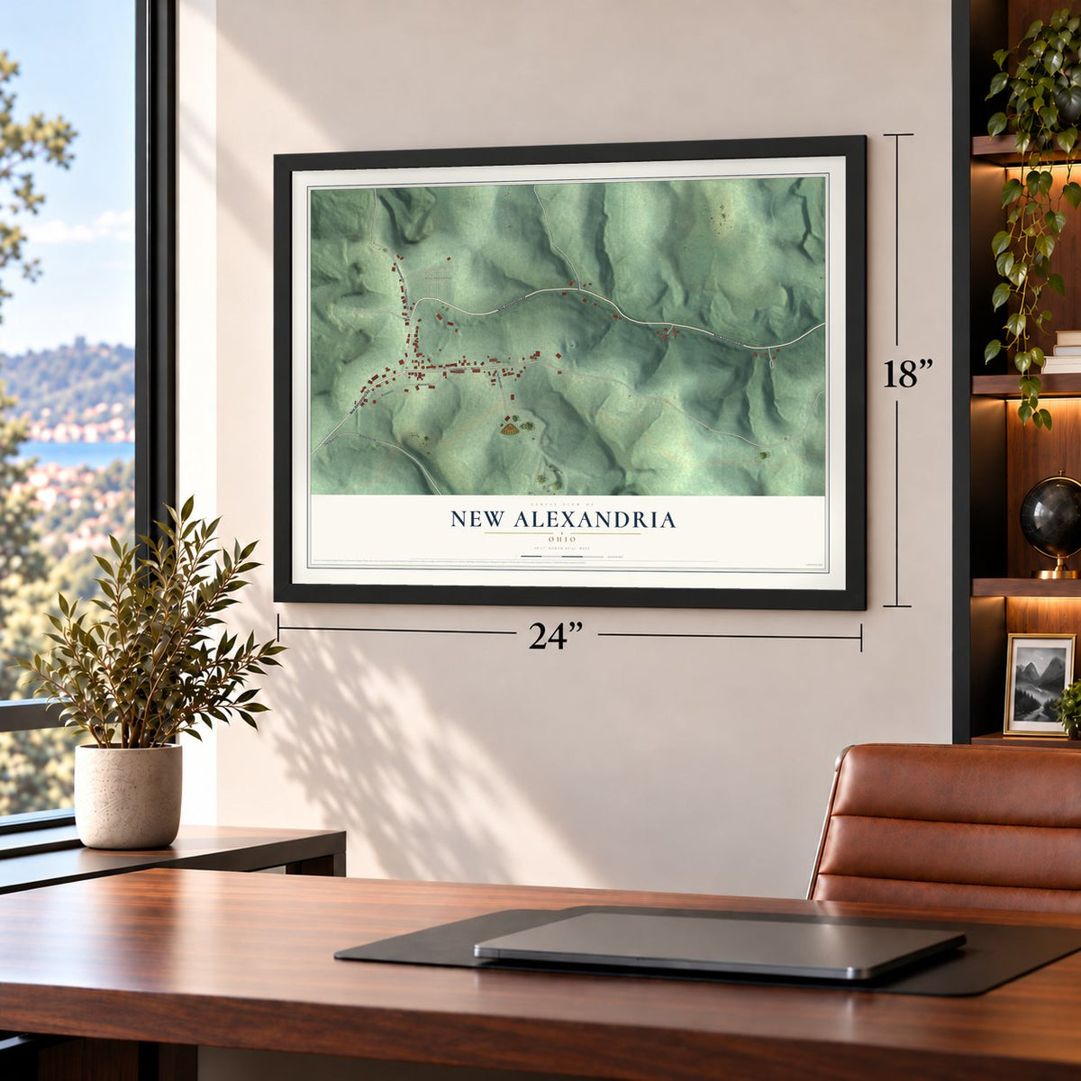 New Alexandria, Ohio map, 18 x 24 inch print in a black frame in a home office