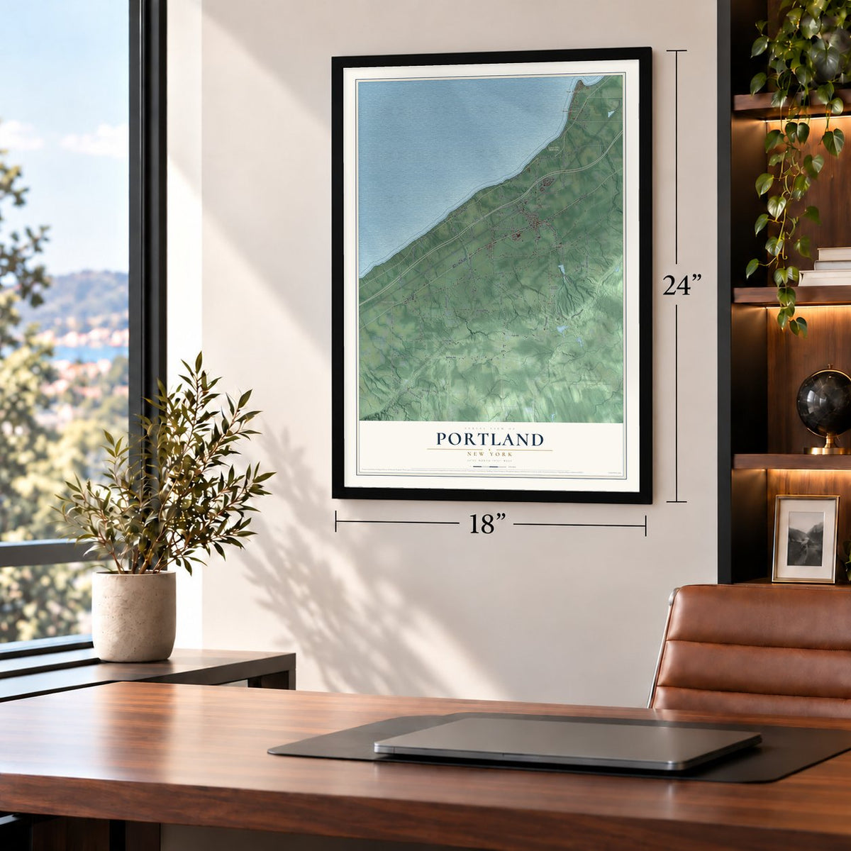 Portland, New York map, 18 x 24 inch print in a black frame in a home office
