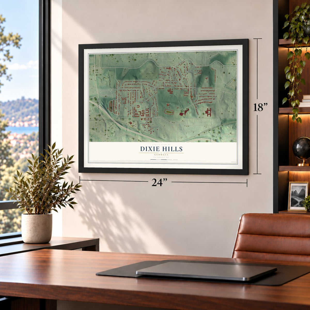 Dixie Hills, Georgia map, 18 x 24 inch print in a black frame in a home office