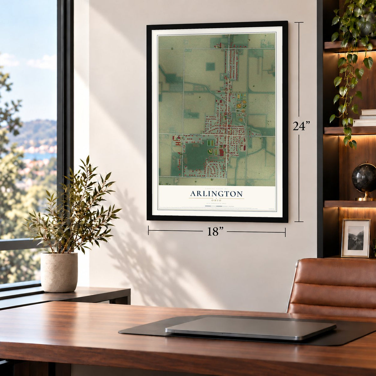 Arlington, Ohio map, 18 x 24 inch print in a black frame in a home office