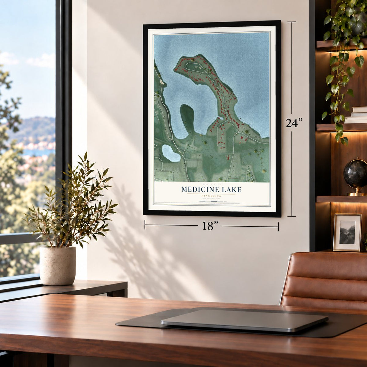Medicine Lake, Minnesota map, 18 x 24 inch print in a black frame in a home office