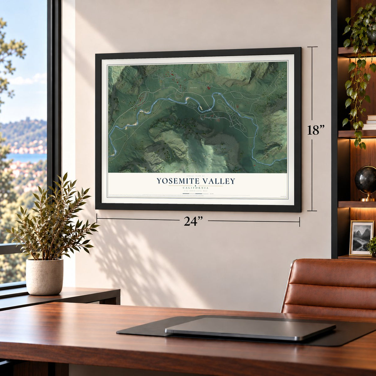 Yosemite Valley, California map, 18 x 24 inch print in a black frame in a home office
