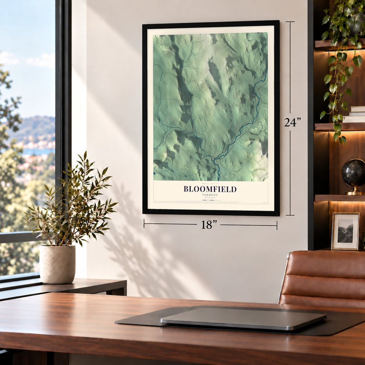 Bloomfield, Vermont map, 18 x 24 inch print in a black frame in a home office