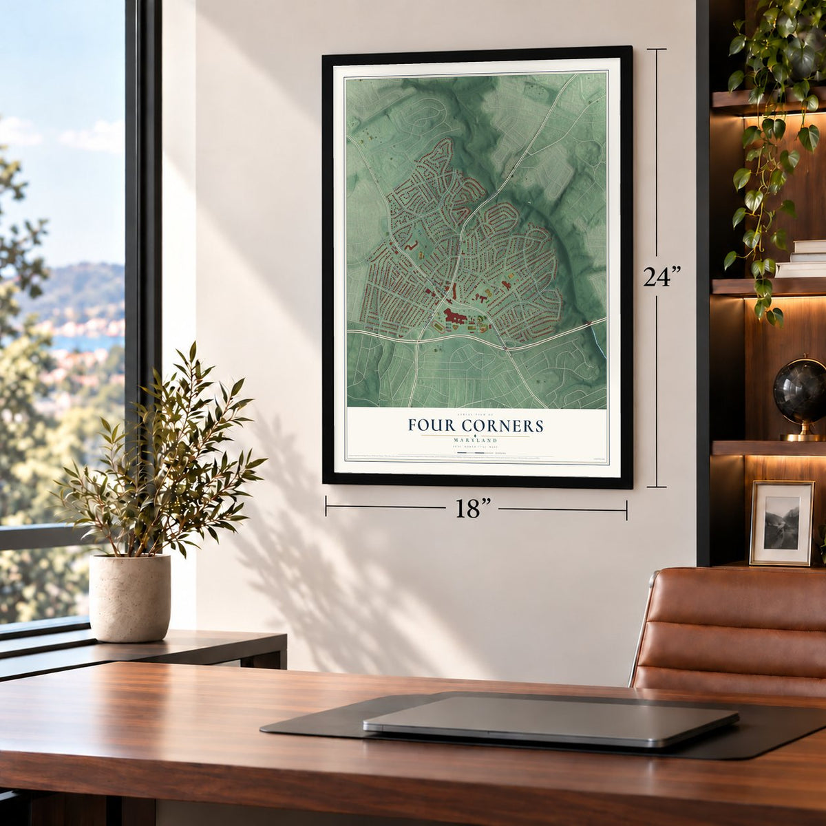 Four Corners, Maryland map, 18 x 24 inch print in a black frame in a home office