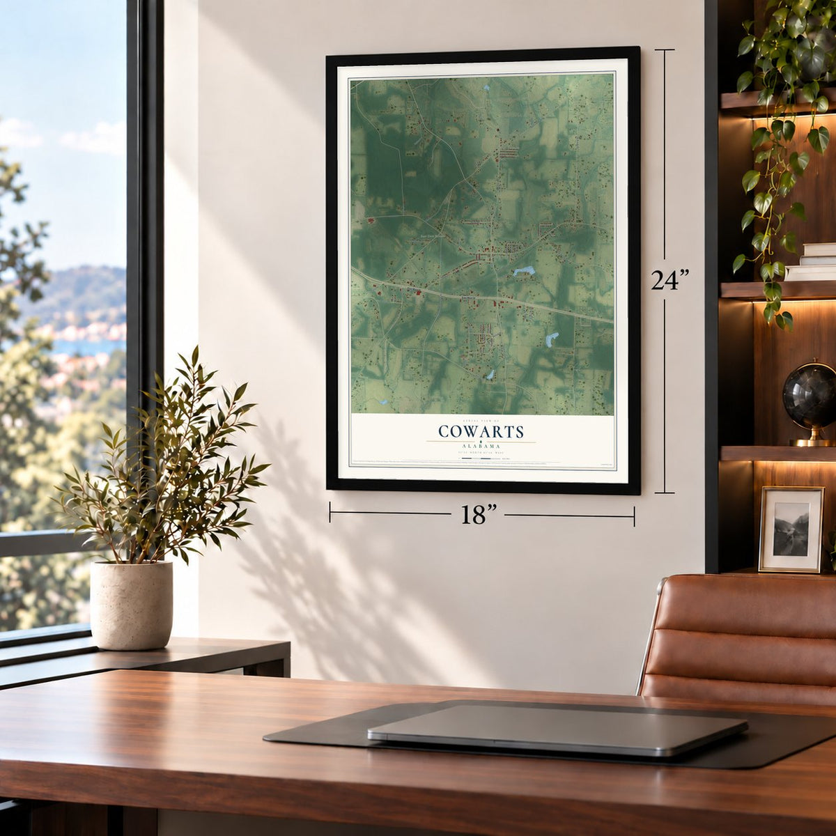 Cowarts, Alabama map, 18 x 24 inch print in a black frame in a home office