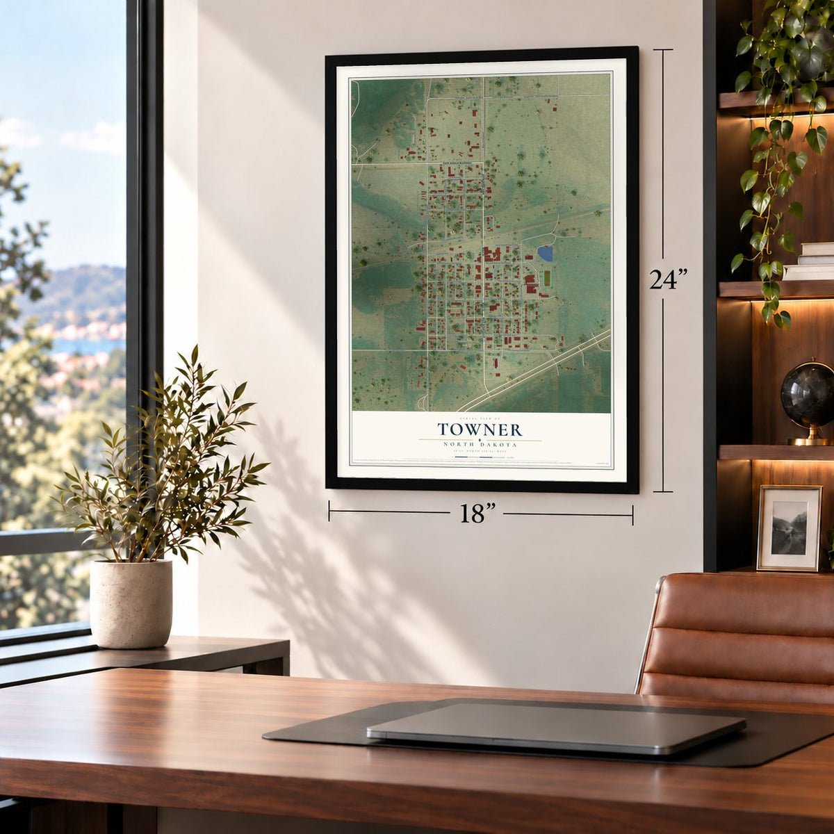 Towner, North Dakota map, 18 x 24 inch print in a black frame in a home office