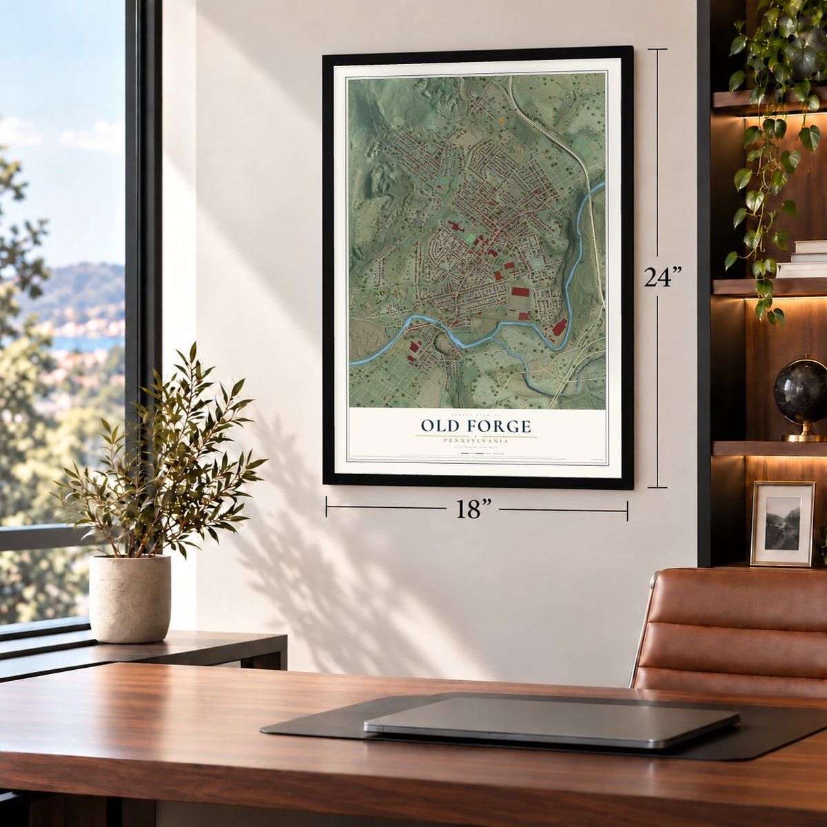 Old Forge, Pennsylvania map, 18 x 24 inch print in a black frame in a home office