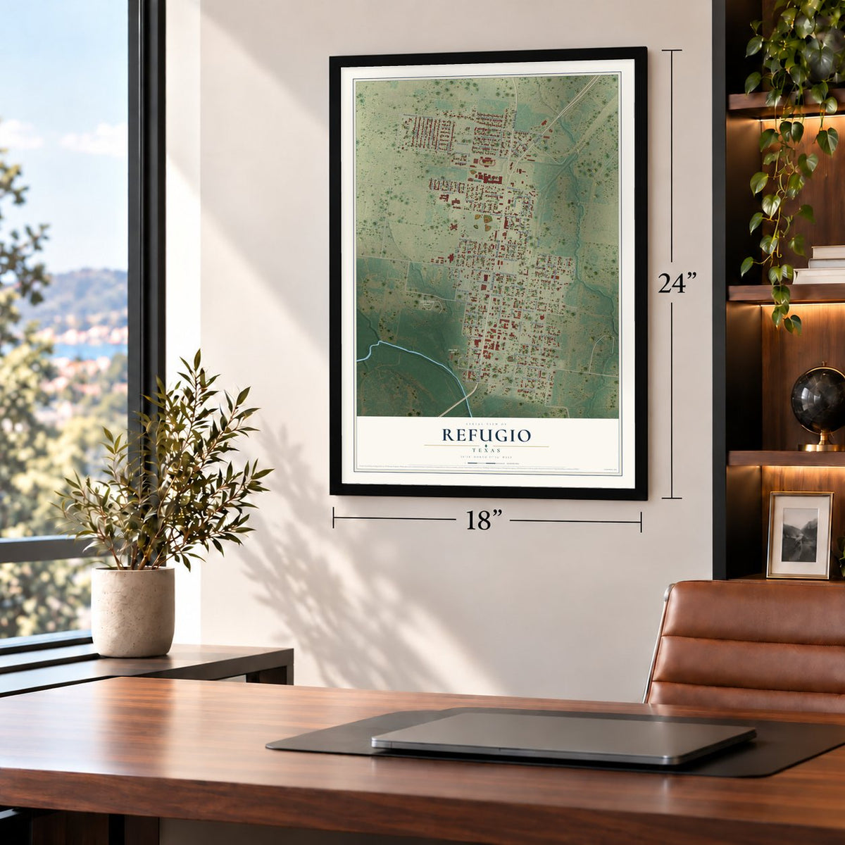 Refugio, Texas map, 18 x 24 inch print in a black frame in a home office