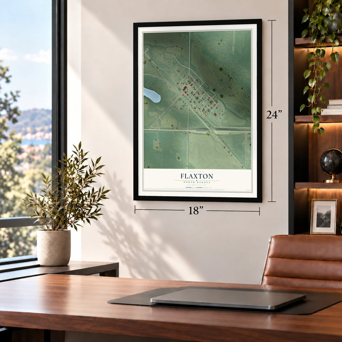 Flaxton, North Dakota map, 18 x 24 inch print in a black frame in a home office