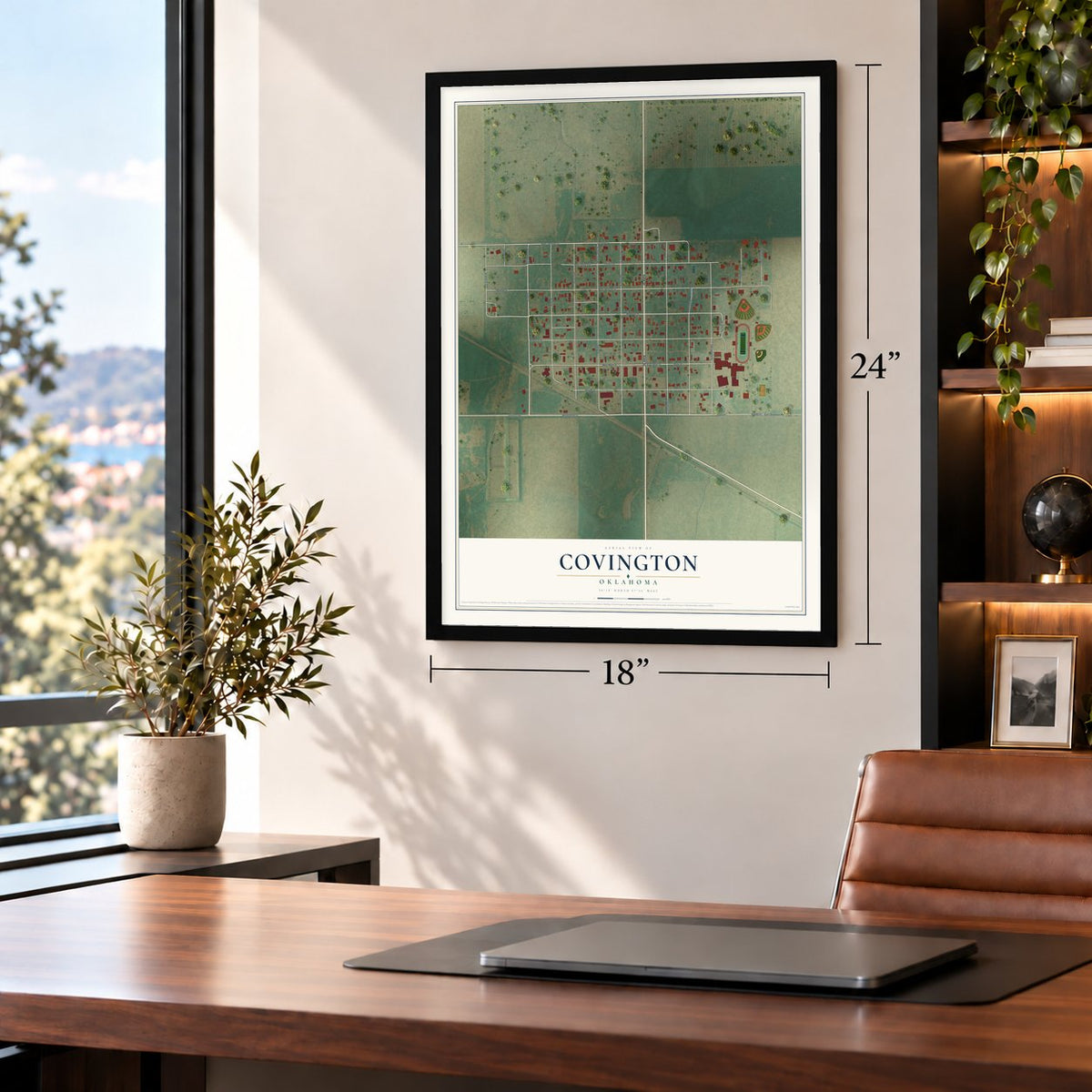 Covington, Oklahoma map, 18 x 24 inch print in a black frame in a home office
