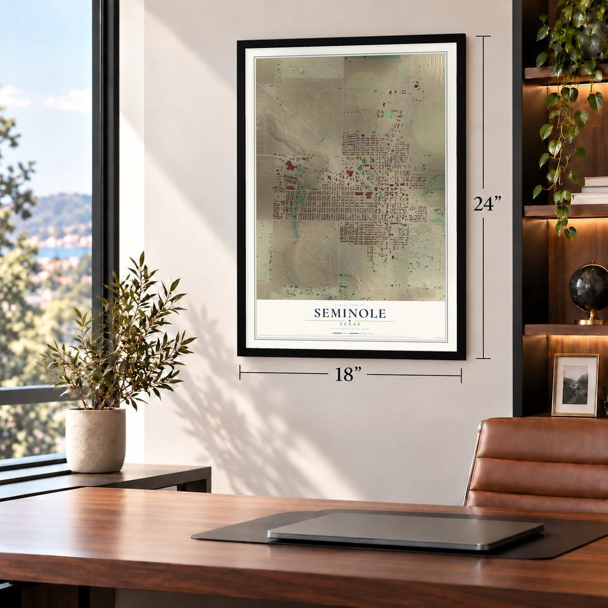 Seminole, Texas map, 18 x 24 inch print in a black frame in a home office