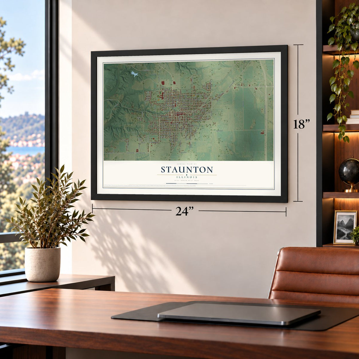 Staunton, Illinois map, 18 x 24 inch print in a black frame in a home office