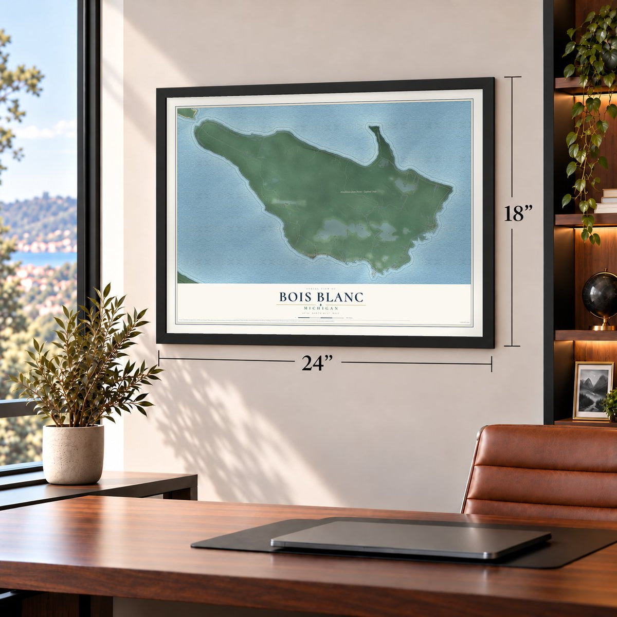 Bois Blanc, Michigan map, 18 x 24 inch print in a black frame in a home office